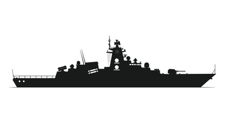 A stark black silhouette of a large naval destroyer ship is prominently displayed against a white background silhouette © Komla02