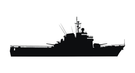A striking black silhouette of a large naval warship detailed with masts and weaponry silhouette high quality professional © Komla02