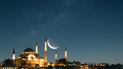 Laylat al-qadr or kadir gecesi concept. Suleymaniye Mosque and crescent moon © senerdagasan