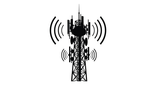 A striking black silhouette of a cellular tower with radiating signal waves against a plain white background silhouette