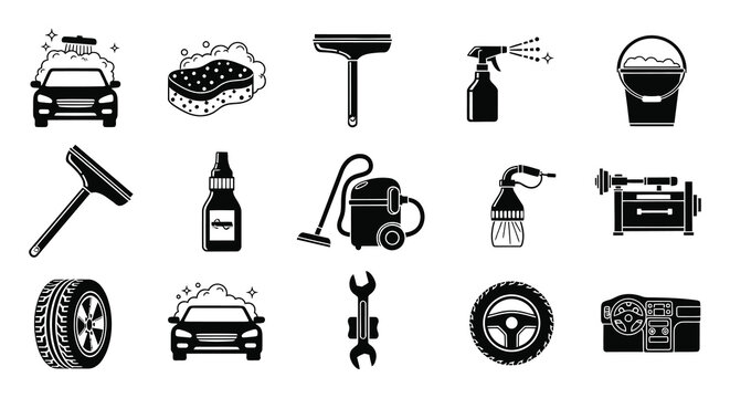 A collection of black silhouettes depicting car washing tools equipment and vehicle components silhouette high quality professional detailed
