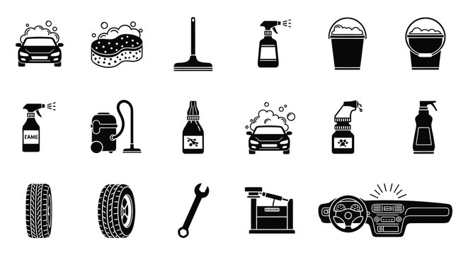 A collection of black icons depicts car washing tools equipment and vehicle components in silhouette high quality professional