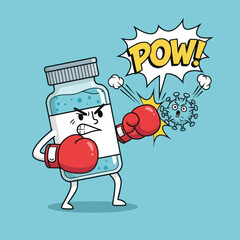 Medicine Bottle Wearing Boxing Gloves Fights Virus.