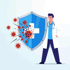 Doctor Holding Shield Against Virus Attack.