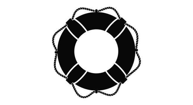 A striking black and white depiction of a life preserver with rope detailing showcasing a clean silhouette high quality professional
