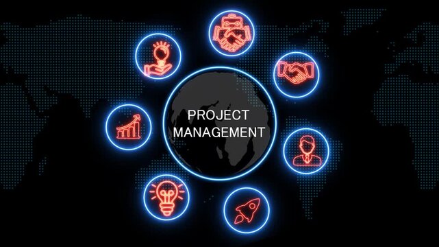 shows glowing neon line banner of project management concept with icons of business, responsibility, customers, integrity, goals, teamwork, commitment and innovation .4k