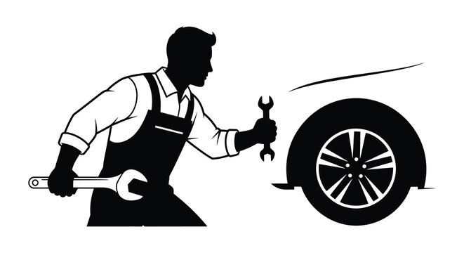 A mechanic is depicted working on a car tire holding a wrench in a dramatic pose silhouette