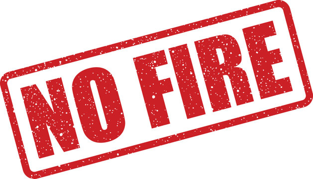 A grunge textured red rubber stamp with the words NO FIRE is prominently displayed on a clean white surface