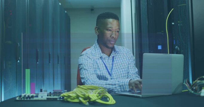 Animation of data processing over african american male worker in server room