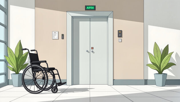 wheelchair positioned next to an elevator door in a modern building interior with potted plants and natural light, concept accessibility