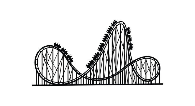 A detailed black and white illustration depicts a thrilling roller coaster track with cars presented as a silhouette