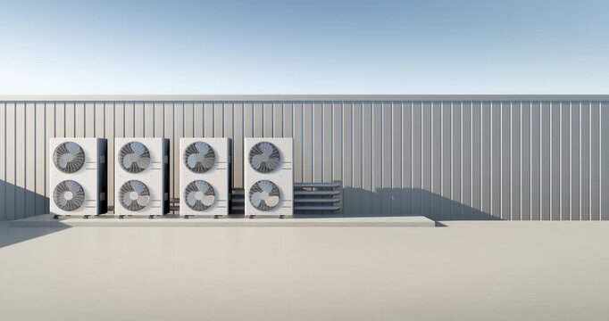 Looping 3D rendering video, row of air conditioning units installed on rooftop with ample copy space. Represents industrial HVAC systems, building cooling efficiency and climate control technology.