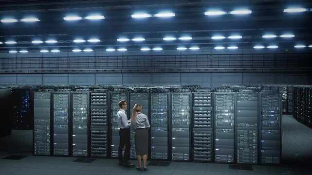 Engineer and Technician Inspect Server Racks Inside a data center, work, Performing Hardware Maintenance, Monitoring Correct Work In Cyber Secure Cloud Computing Facility.