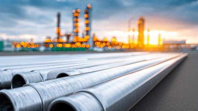 Steel pipes arranged in a row on a factory floor with an industrial plant and sunset in the background, showcasing the progression of the scene and lighting changes