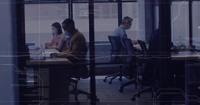 Animation of graphs and abstract pattern over diverse coworkers wearing mask working on laptop