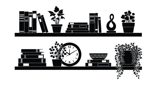 A minimalist black silhouette displays books plants a clock and decorative objects on floating shelves high quality professional
