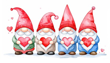 Four adorable watercolor gnomes holding pink hearts on a white background.