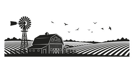 A striking black and white landscape depicts a farm with a windmill barn fields and birds in silhouette © Komla02
