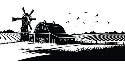 A striking black and white landscape depicts a windmill barn fields and birds in flight a bold silhouette © Komla02