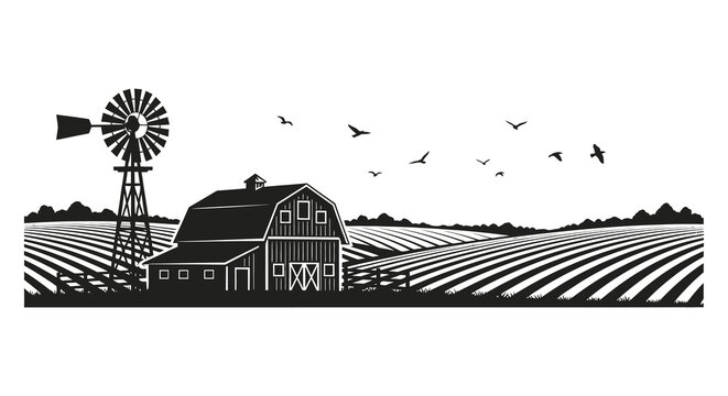 A striking black and white landscape depicts a farm with a windmill barn fields and birds in silhouette