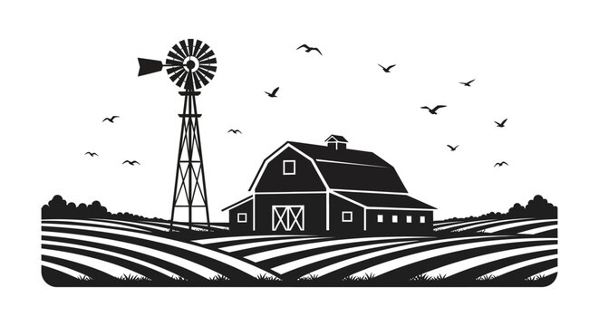 A rural landscape depicts a barn windmill and rolling fields under a sky with birds a striking silhouette