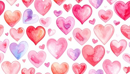 Seamless watercolor heart pattern with soft pink red and purple hues.