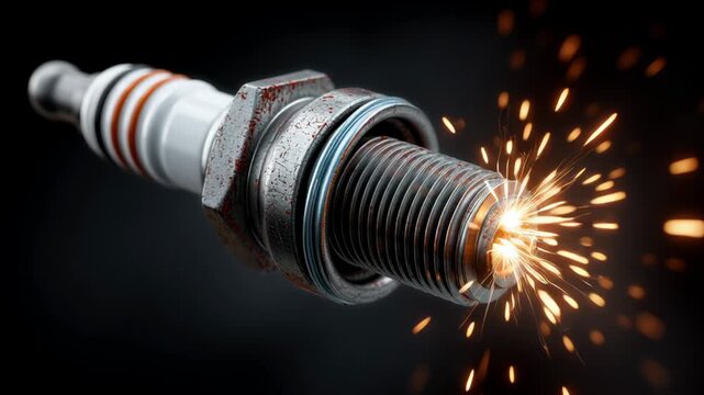 Spark plug ignites with bright sparks in a close-up view, showcasing the intricate details of the metal components and the dynamic energy release during ignition