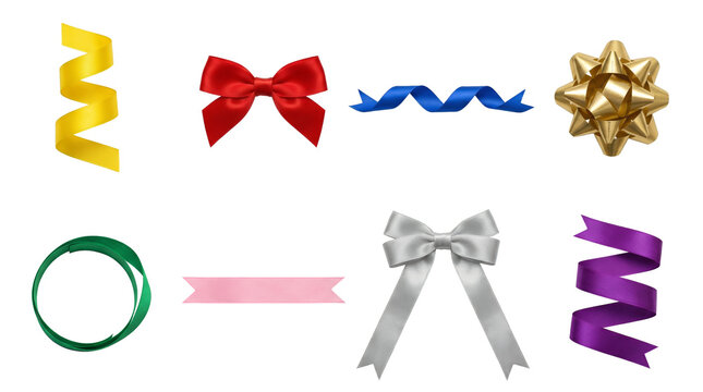 Colorful gift ribbon and bow set including satin loops, spirals, knots, star rosettes, and decorative strips isolated. Festive decoration for birthday presents and holiday packaging.