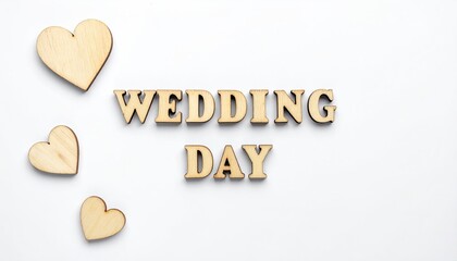 Wooden Letters Spell Wedding Day Surrounded by Natural Heart Shapes on White Background.