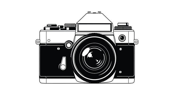 A detailed illustration of a vintage slr camera rendered in a striking black and white silhouette high quality professional modern