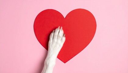 Dog paw on red heart symbol representing love and affection for pets.