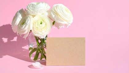 Elegant White Ranunculus Bouquet with Blank Card on Pink Background.