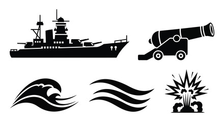 A striking black silhouette depicts a historic battleship with a cannon waves and an explosion silhouette high quality © Komla02