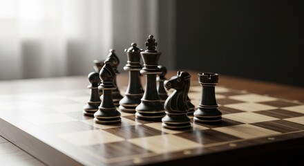Chess pieces arranged strategically on wooden board, light from window