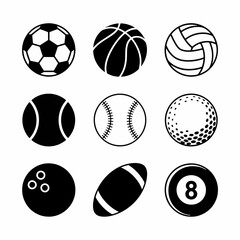 Fototapeta premium Sports balls assortment: a set of sports balls, from soccer ball to billiards ball, arranged in a simple black and white design