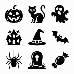 Spooky Halloween Icons: A collection of eerie silhouettes captures the essence of Halloween, with icons of a pumpkin, black cat, ghost, haunted house, witch's hat, bat, spider, tombstone, and candy.