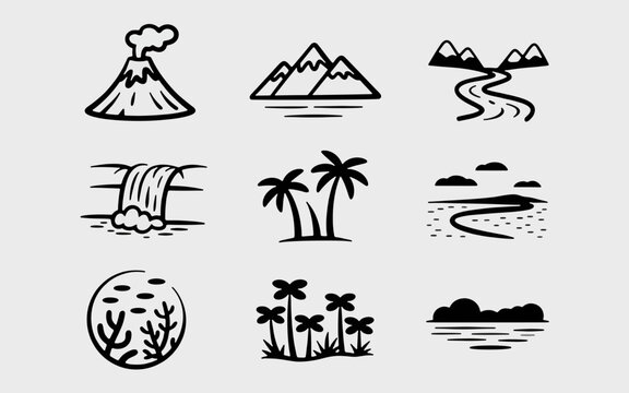 Nature's Iconic Collection: Hand-drawn illustrations of natural elements, from towering mountains and flowing rivers to lush forests and serene ocean scenes.