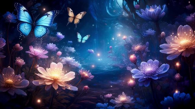 Infinite blooming garden of celestial flowers with light-emitting butterflies, 4K loop, 2026