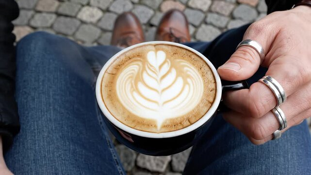 Person holding coffee cup with latte art