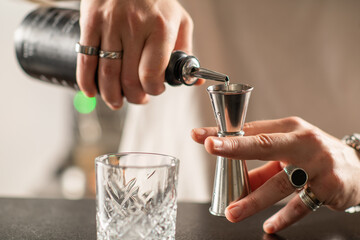 Bartender pouring gin into chilled glass with tonic water and ice. Highlights clarity, bubbles, and refreshing bar experience.