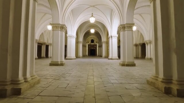 Slow dolly shot through serene monastery courtyard, soft white light, 4K loop, 2026