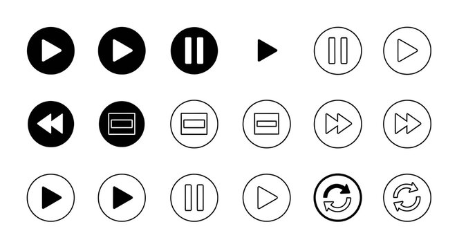 Modern playback control icons collection, play pause stop rewind fast-forward repeat symbols, filled and outline circle buttons, monochrome black and white color scheme, minimal flat design, 