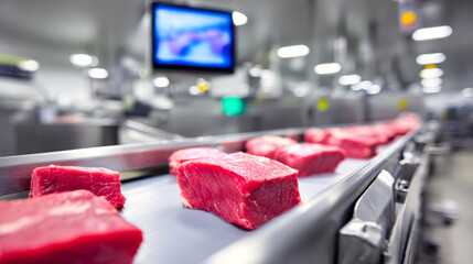Raw beef pieces move along a stainless steel conveyor belt in a food processing area with bright lights and visible equipment