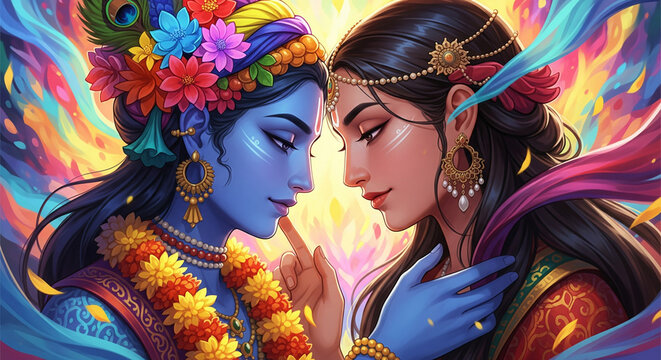 Lord krishna and goddess Radha playing Holi with colours, the festival of colours, hindu religious, holika dahan, Vrindavan.