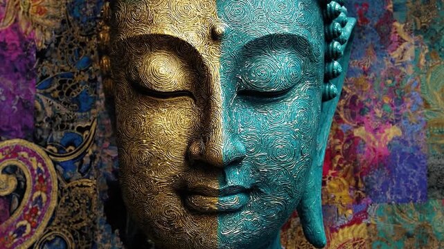 Tranquil Buddha Face with Intricate Teal Patterns Against Colorful Textured Background for Peace and Reflection