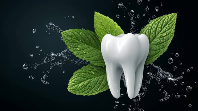 White tooth surrounded by fresh mint leaves with splashes of water creating a refreshing and clean visual effect, emphasizing dental hygiene and freshness in a dark background setting