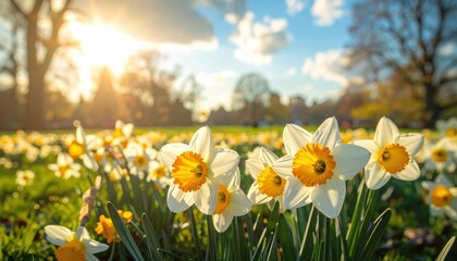 Obraz premium ** Sunlit daffodils in full bloom in a park, showcasing vibrant colors and a clear blue sky. **