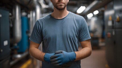 Fototapeta premium A man wearing blue work gloves and a t shirt stands in an industrial facility with hinery in the background
