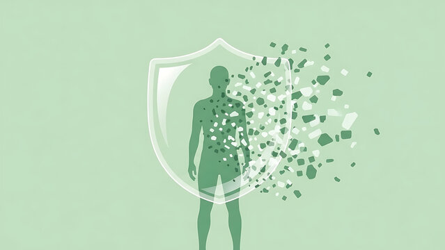 Human silhouette protected by dissolving shield illustration representing weakening immune system and body defense concept