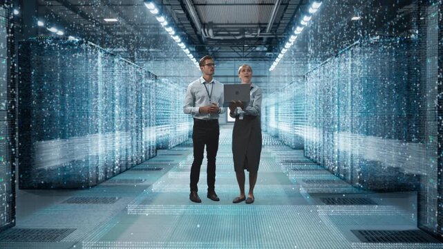 Technician and Engineer Walk a Secure Server Corridor, Activating Visualization of Holographic Data Streams in data center, work, Performing Network System Monitoring, Cybersecurity Checks in Facility
